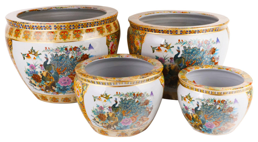 Chinese Porcelain Fish Bowl Planter, Satsuma Peacocks, 14"
