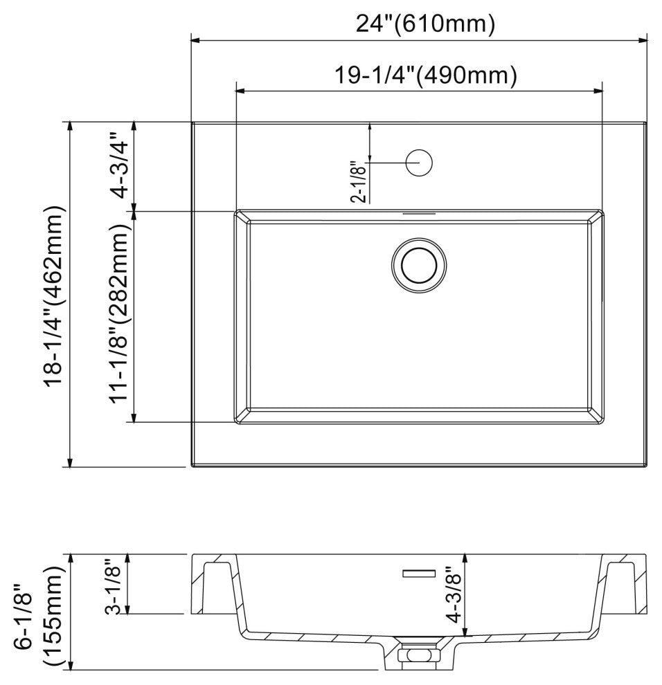 Dowell 18" FTB Resin Bathroom Vanity Basin, White, 24wx18dx6h
