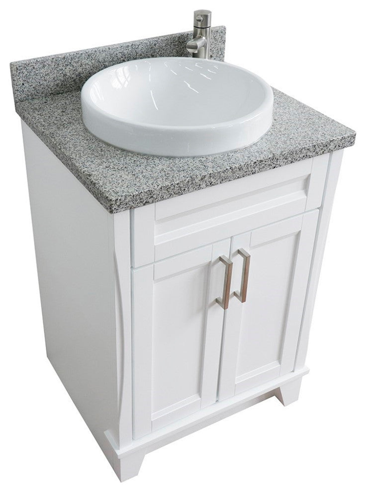 25" Single Sink Vanity, White Finish With Gray Granite And Round Sink