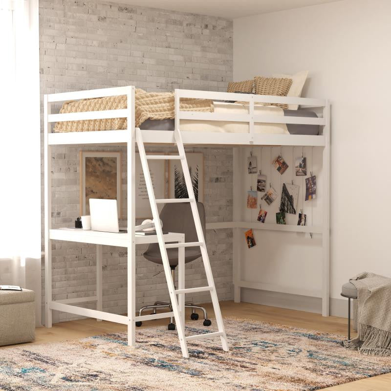 Riley Loft Bed Frame with Desk, Frame, Guard Rails & Ladder for Kids and Teens, White, Twin