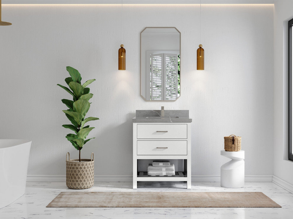 Parker 30 Single Sink Bath Vanity in White 2" Piatra Gray