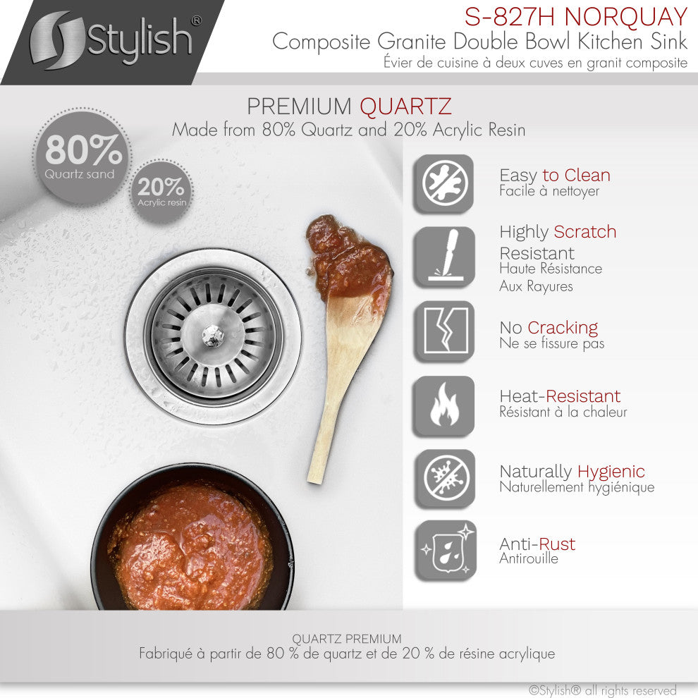 27"x18" White Double Bowl 60/40 Dual Mount Granite Kitchen Sink