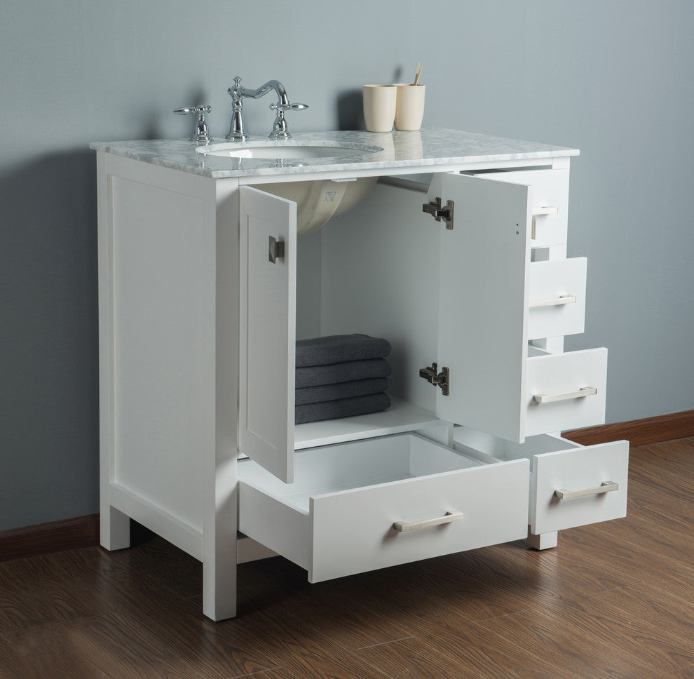 Malibu Single Sink Bathroom Vanity, Pure White, 36", Without Mirror