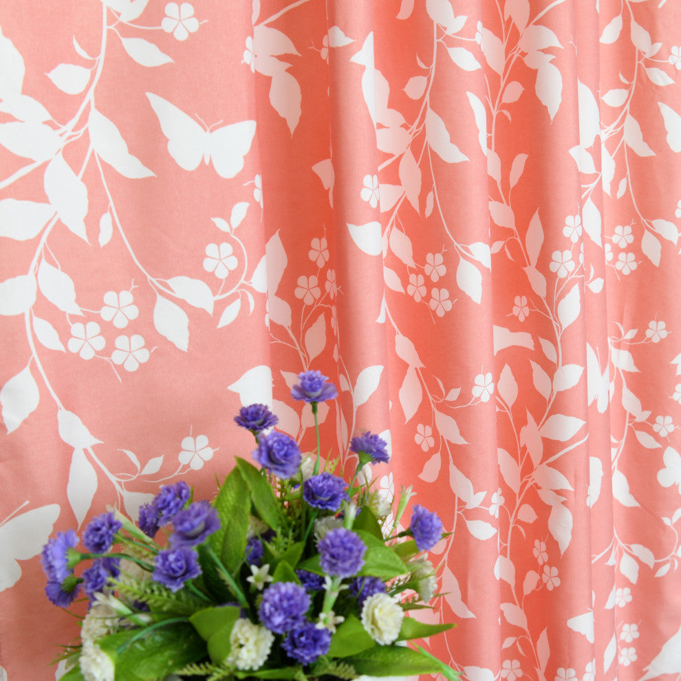 Printed Microfiber Birdsong Curtains, Set of 2, Coral