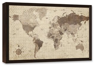 Distressed World Map Walnut Floating Framed Canvas, 16"x24"