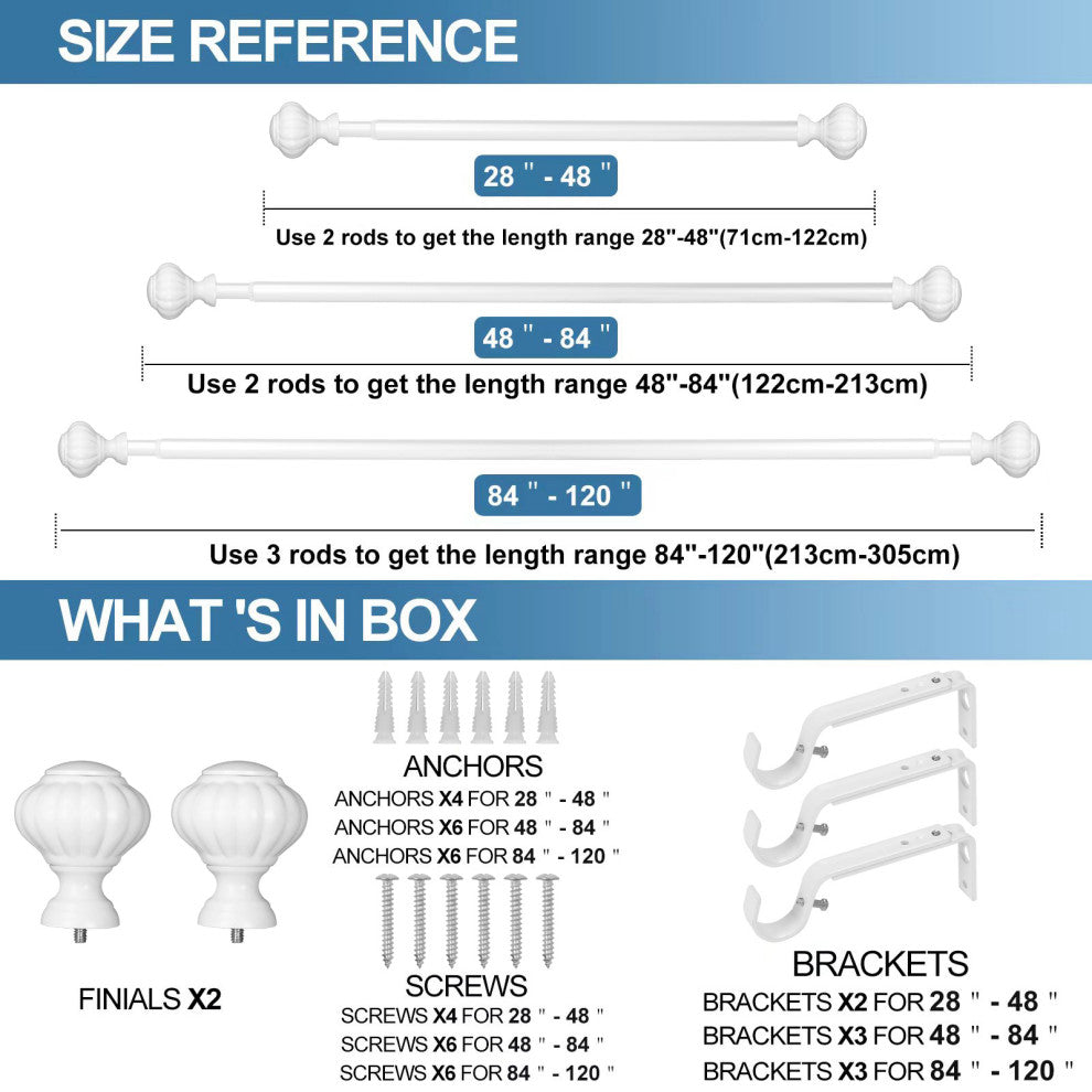 1" Doorknob Drapery Curtain Rod, Glossy White, 84"-120"