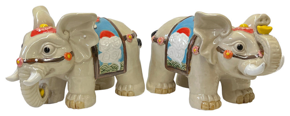 Pair Chinese Ceramic Clay Beige RuYi Ingot Decor Elephant Figures Hws3074