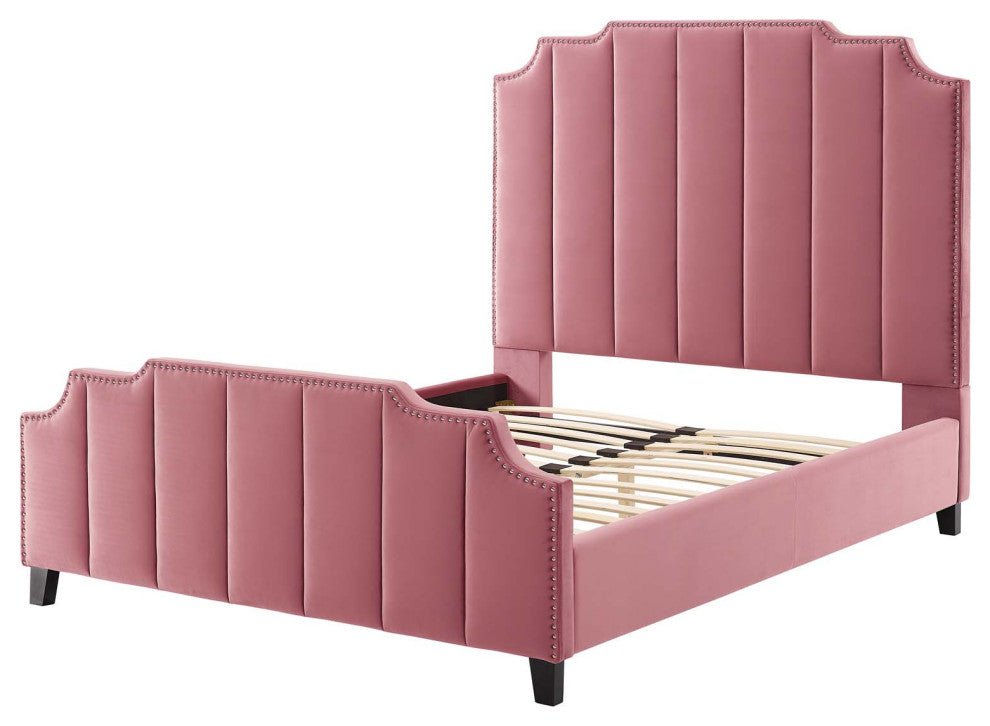 Platform Bed Frame, Queen Size, Velvet, Pink, Modern Contemporary, Bedroom