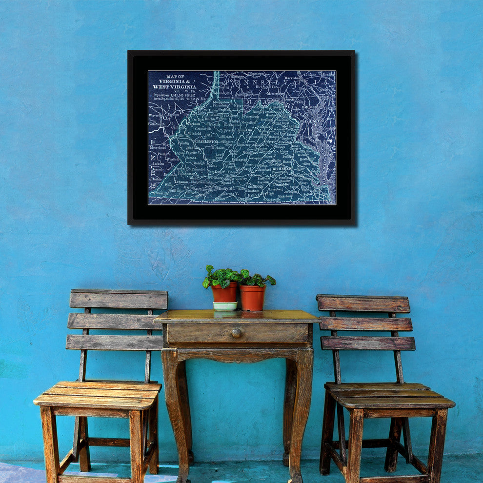 Virginia West Virginia Vintage Vivid Color Map Canvas, 28"x37"