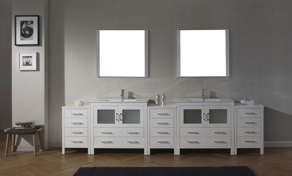 Virtu Dior 118" Double Bathroom Vanity, White, Polished Chrome Faucet, Mirrors