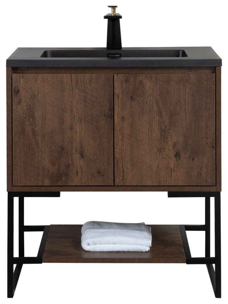 Freestanding Bath Vanity Set, Rose Wood, Integrated Solid Surface Sink, 30"