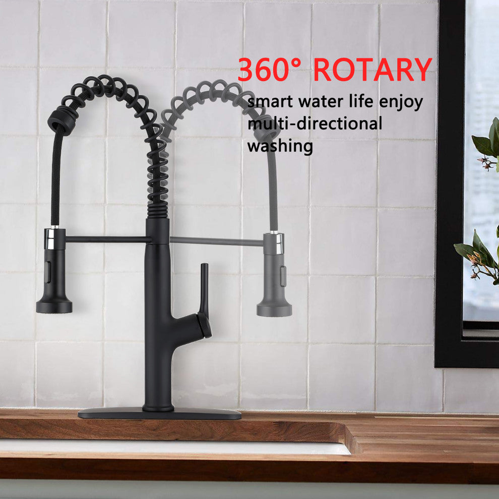 Single Handle Deck Mounted Spring Neck Kitchen Faucet with Pull out Sprayer, Mat