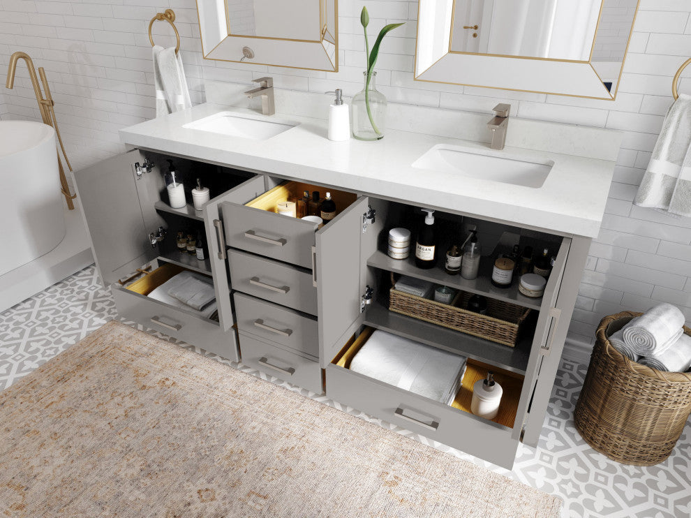 Malibu 72 Double Sink Bath Vanity in Elephant Skin Gray 2" Carrara Marble