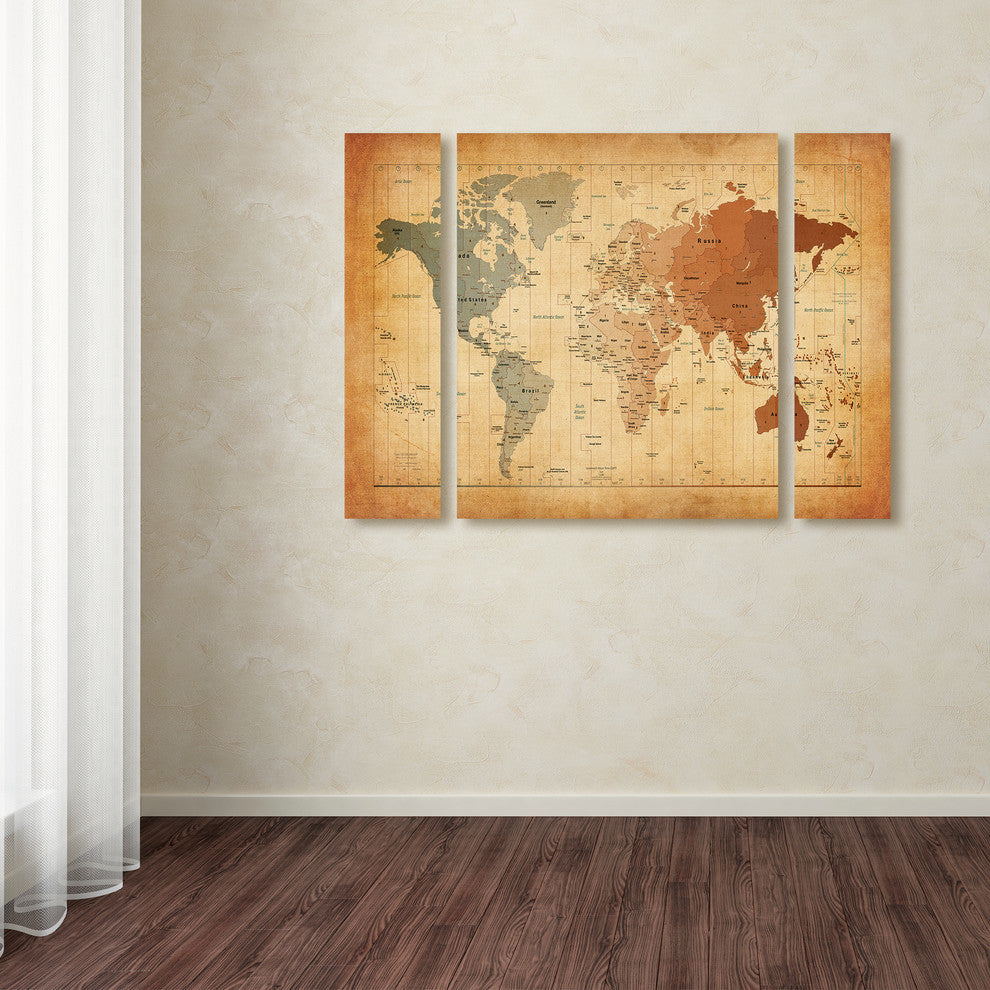 Michael Tompsett ''Time Zones World Map'' Multi Panel Art Set, 32"x24"