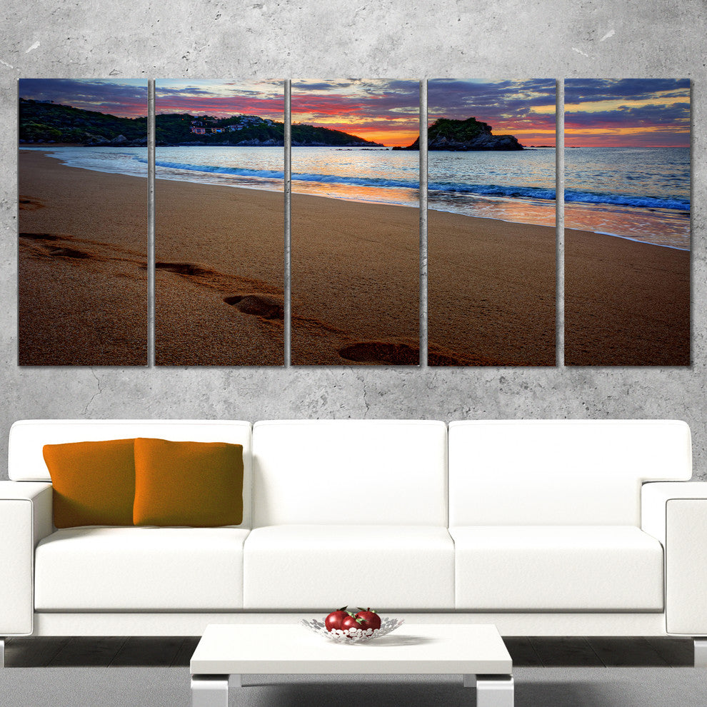 Trodden Sand on Ocean Beach, Seashore Photo Canvas Art Print, 60"x28", 5 Panels