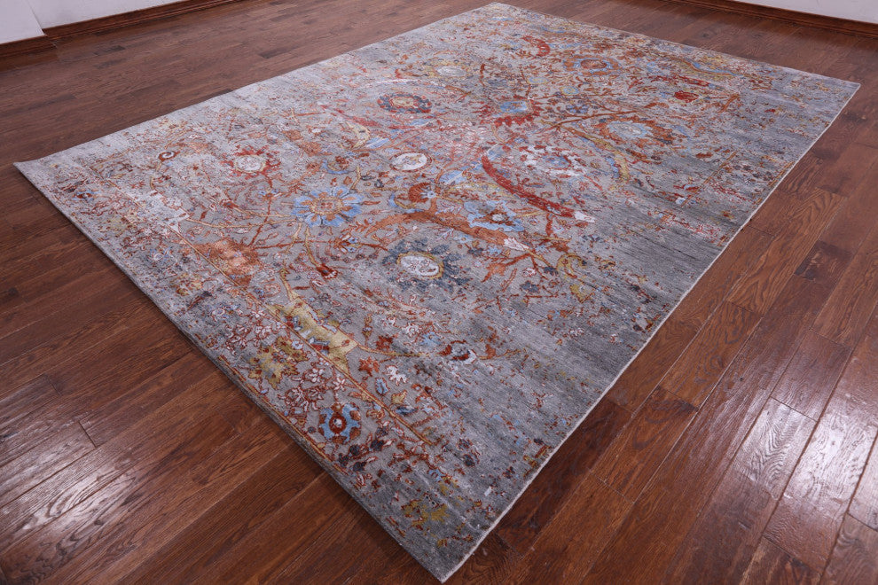 9' 0" X 12' 1" Persian Sickle Leaf Design Wool and Silk Hand Knotted Rug Q8716