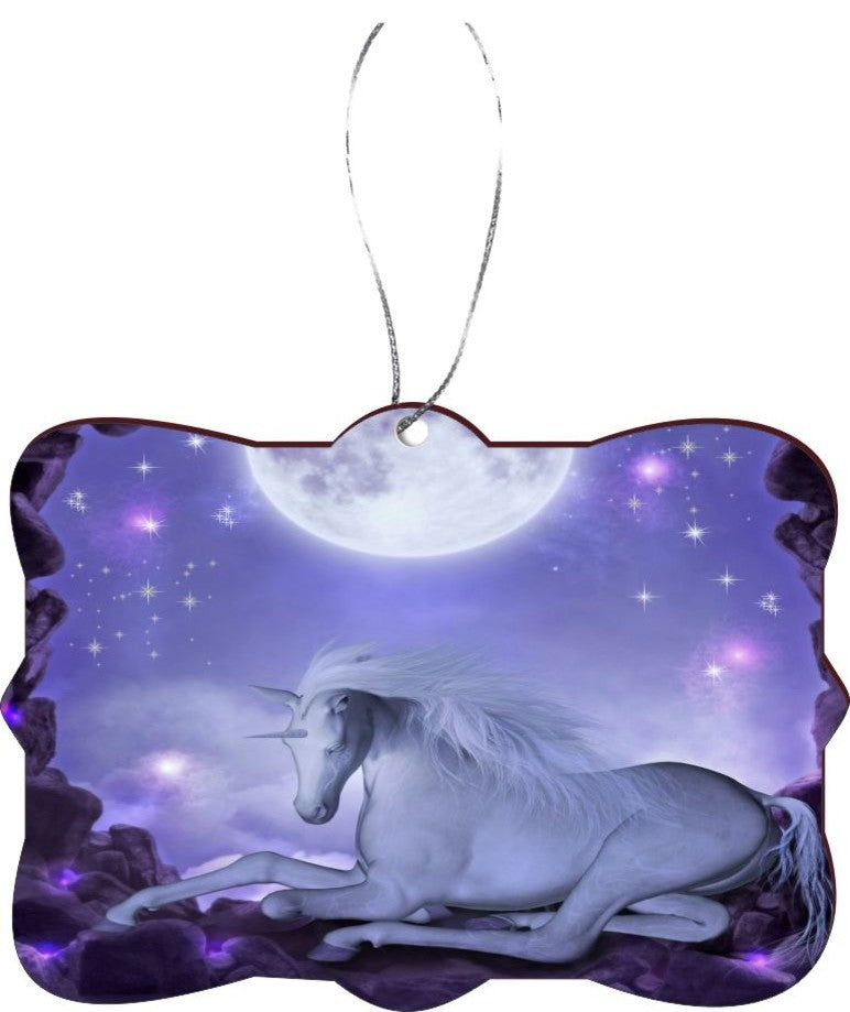 White Unicorn Purple Under Moon Design Rectangle Christmas Tree Ornament