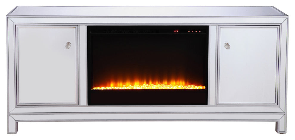 60" Mirrored TV Stand, Crystal Design Fireplace Insert
