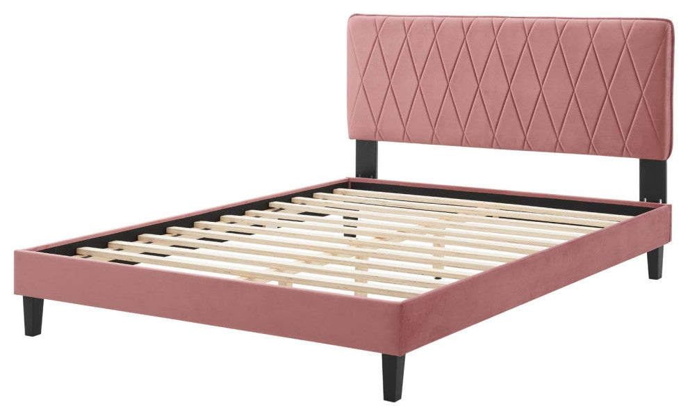 Platform Bed Frame, King Size, Velvet, Pink, Modern Contemporary, Bedroom Master