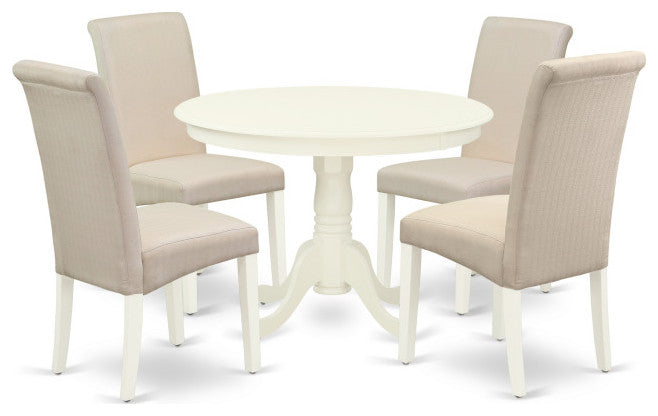 5Pc Dining Set, Round Table, Four Parson Chairs, Cream Fabric, Linen White