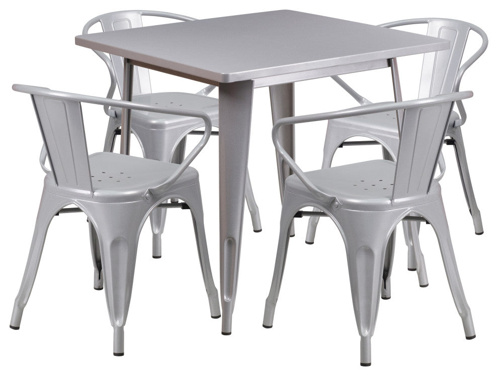 31.5" Square Silver Metal Indoor-Outdoor 5-Piece Table Set With 4 Arm Chairs