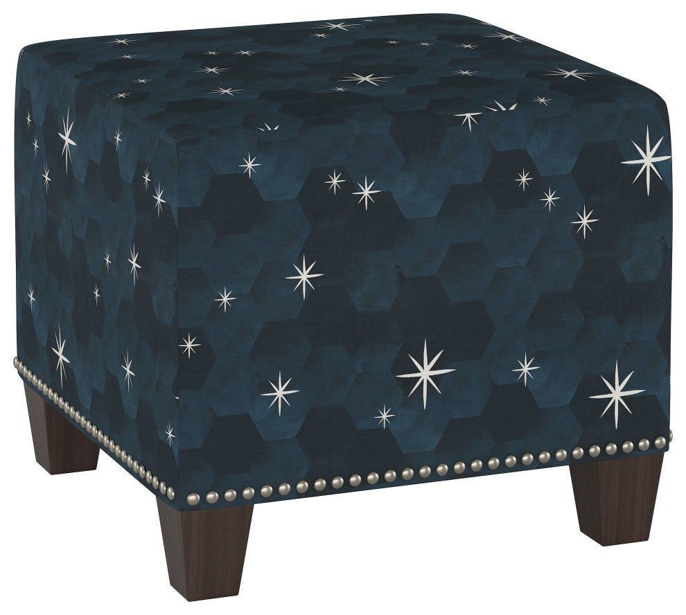 Quinn Square Nail Button Ottoman, Starlit Blue