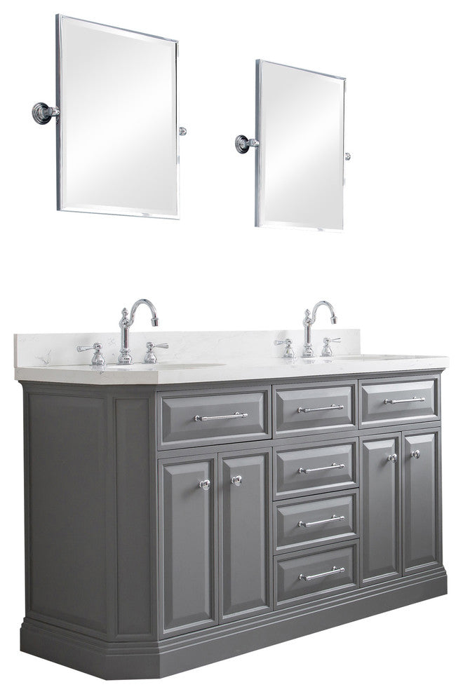 60" Palace Quartz Carrara Cashmere Gray Vanity With Hardware, Faucets, Mirror