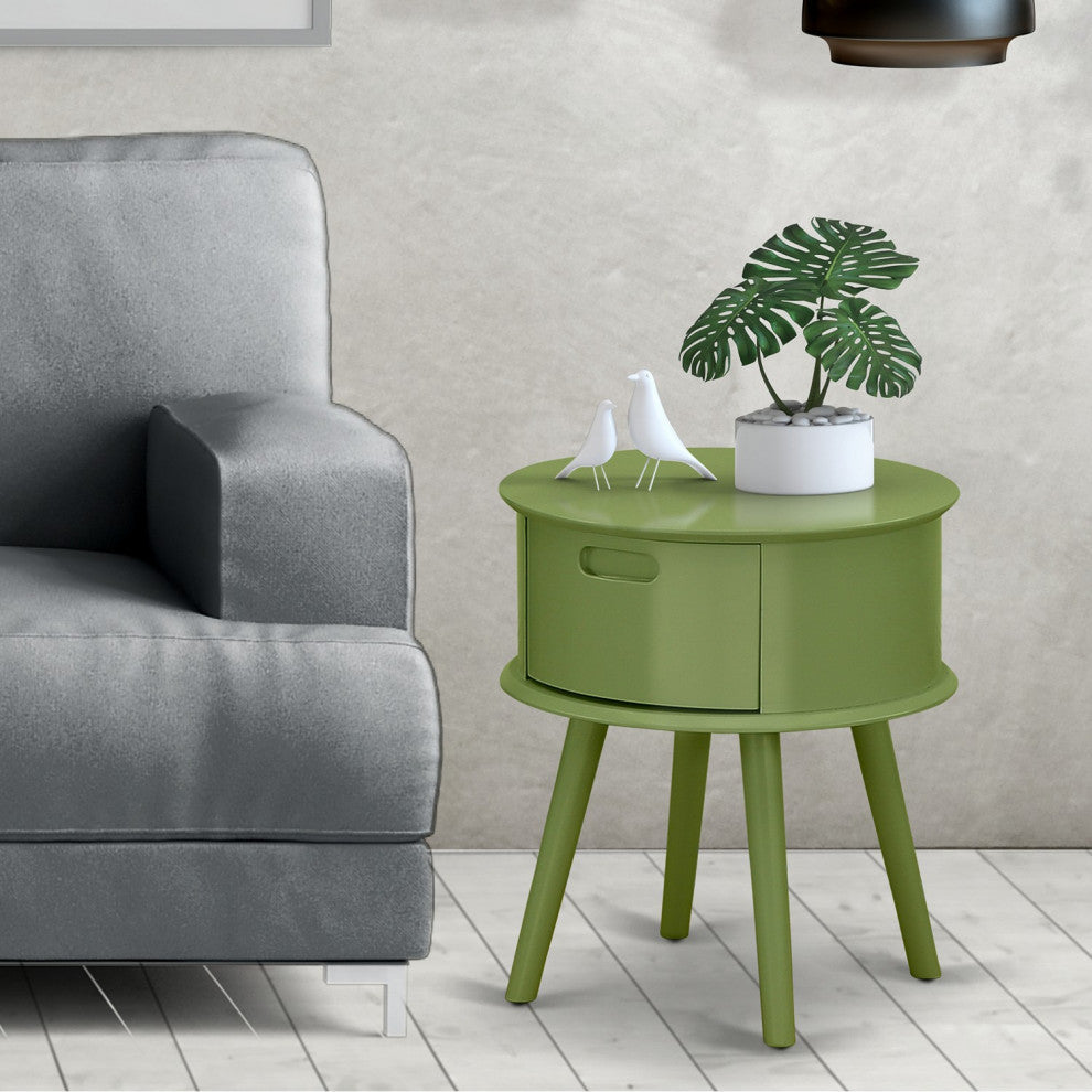 Gordon Round Night Stand End Table With Drawer, Clover Green Finish