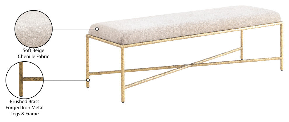 Valley Upholstered Bench, Beige, 54" W x 18" D, Gold, Chenille Fabric