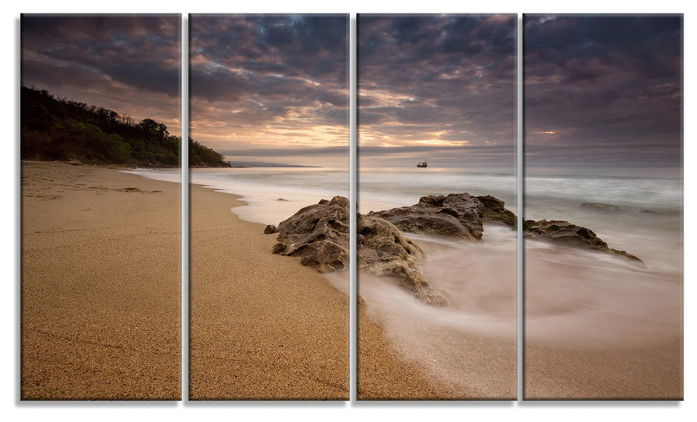 "Peaceful Seashore With White Waves" Beach Canvas Wall Art, 4 Panels, 48"x28"