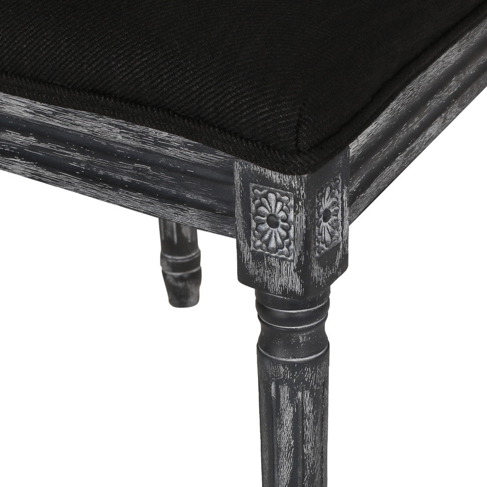 Whitten Farmhouse Fabric Upholstered Wood and Cane 7 Piece Dining Set, Black + Gray + Rustic Metal + Natural Stained