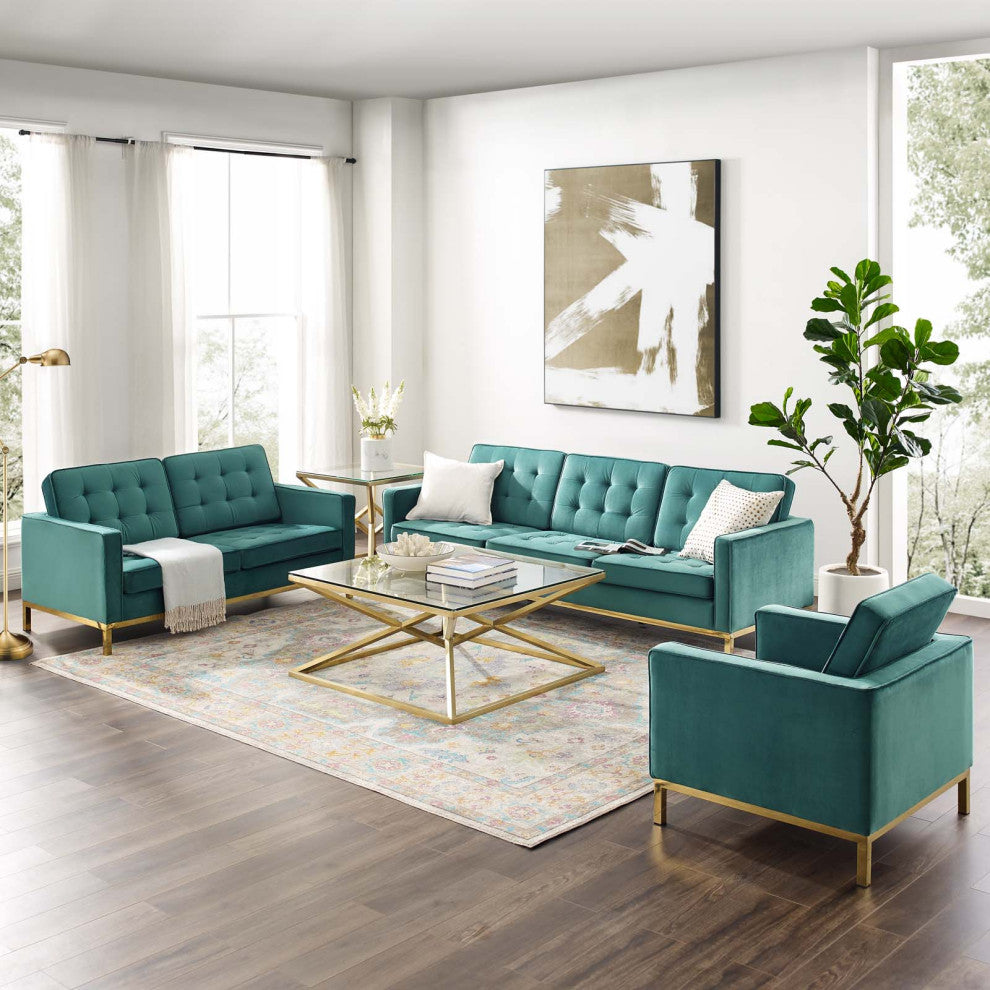 Armchair and Loveseat Sofa Set, Velvet, Gold Teal Blue, Modern, Lounge