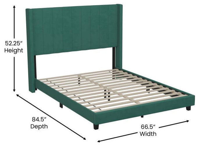 Bianca Upholstered Platform Bed w/Vertical Stitched Wingback Headboard, Emerald Velvet, Queen