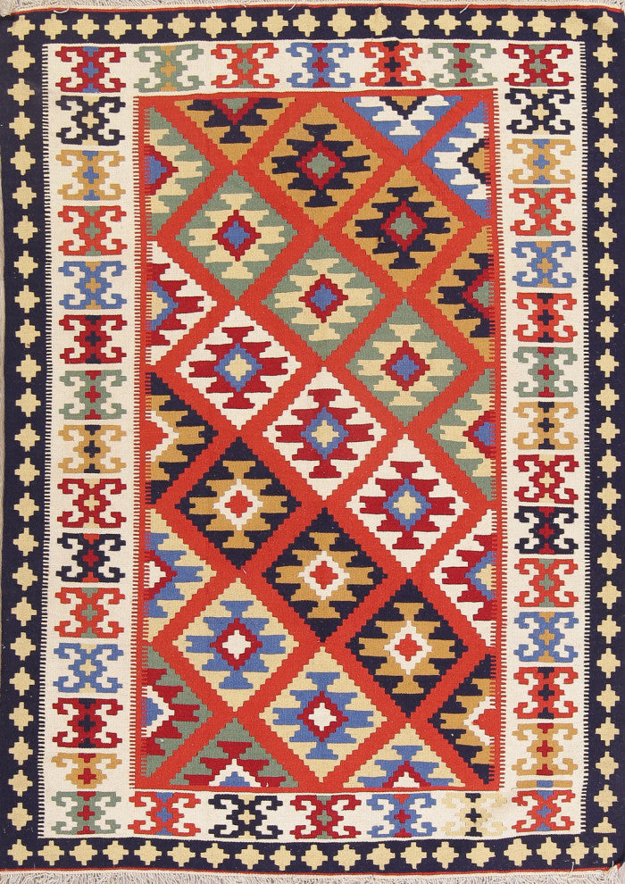 Southwestern Kilim Shiraz Geometric Hand-Woven Wool Oriental Rug, Orange, 5x7