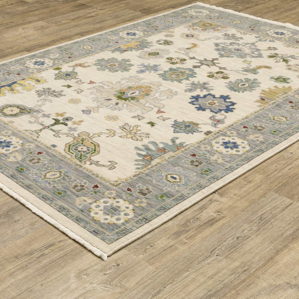 Leoness Floral Border Indoor Area Rug, Ivory, 5'3" x 7'6"