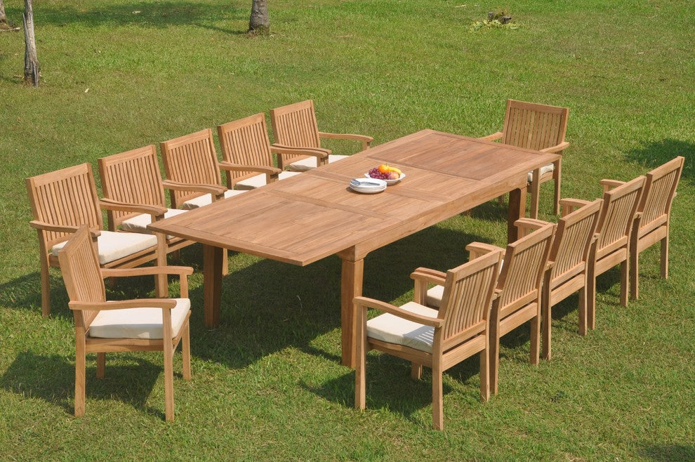 13-Piece Outdoor Teak Dining Set 122" Rectangle Table, 12 Lev Stacking Arm Chair
