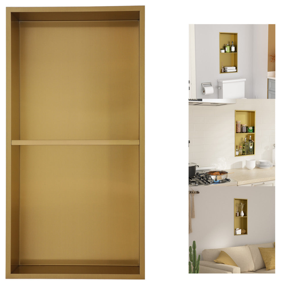 Stainless Steel Shower Niche Recessed Double Layer No Tile Needed , Gold