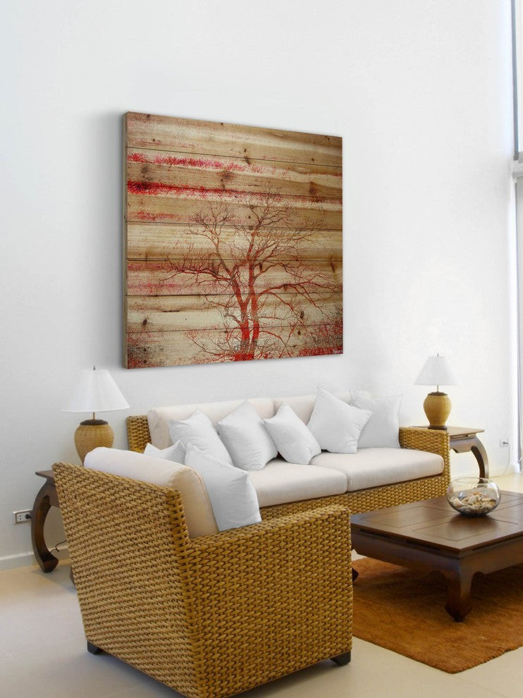 "Red Branches" Print on Natural Pine Wood, 24"x24"