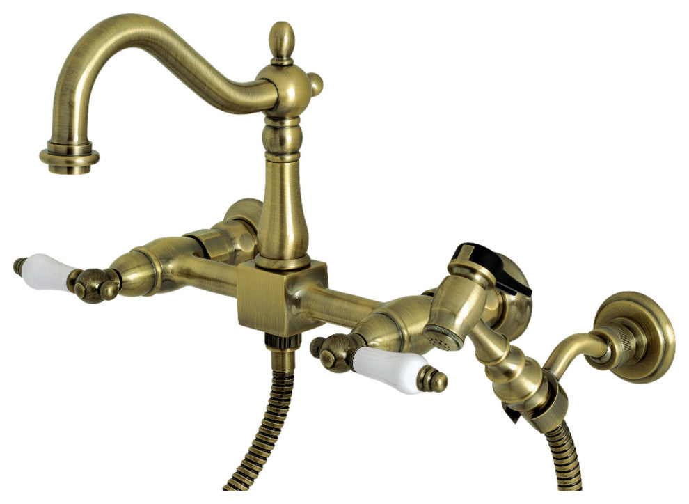 KS126XPLBS-P Heritage Wall Mount Bridge Kitchen Faucet with Brass Sprayer, Antiq
