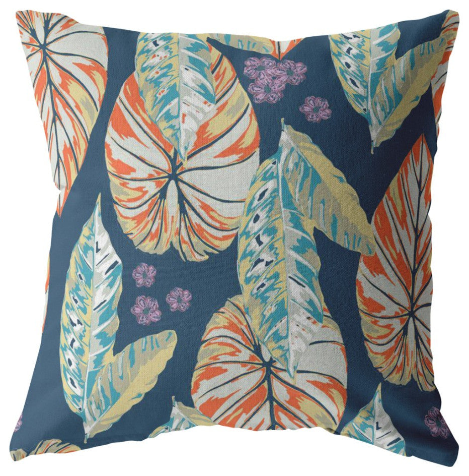 16" Orange Blue Tropical Leaf Zippered Suede Throw Pillow
