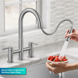 KRAUS Oletto 2-Function Pulldown 3-Hole Bridge Kitchen Faucet, Matte Black