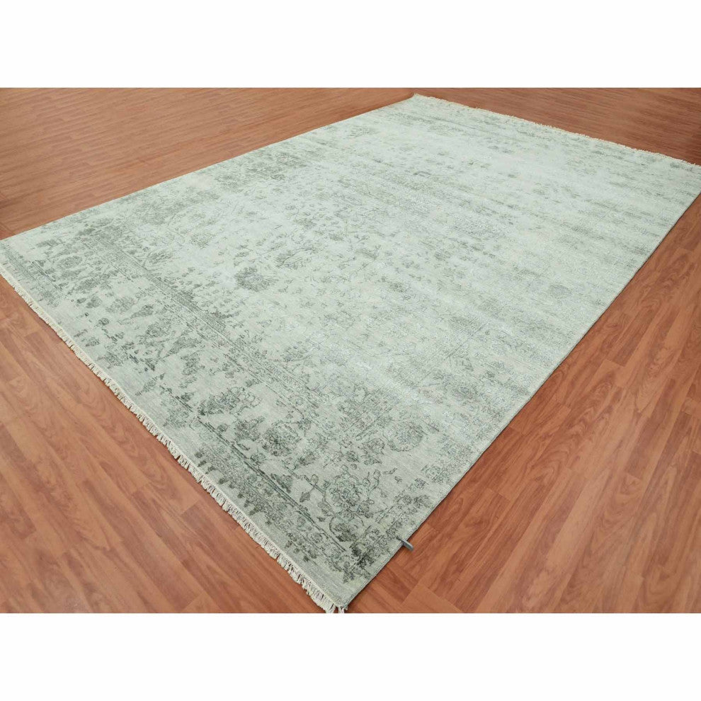 Gray, Wool and Silk Hand Knotted, Persian Erased Heriz Design Rug, 9'10"x14'3"