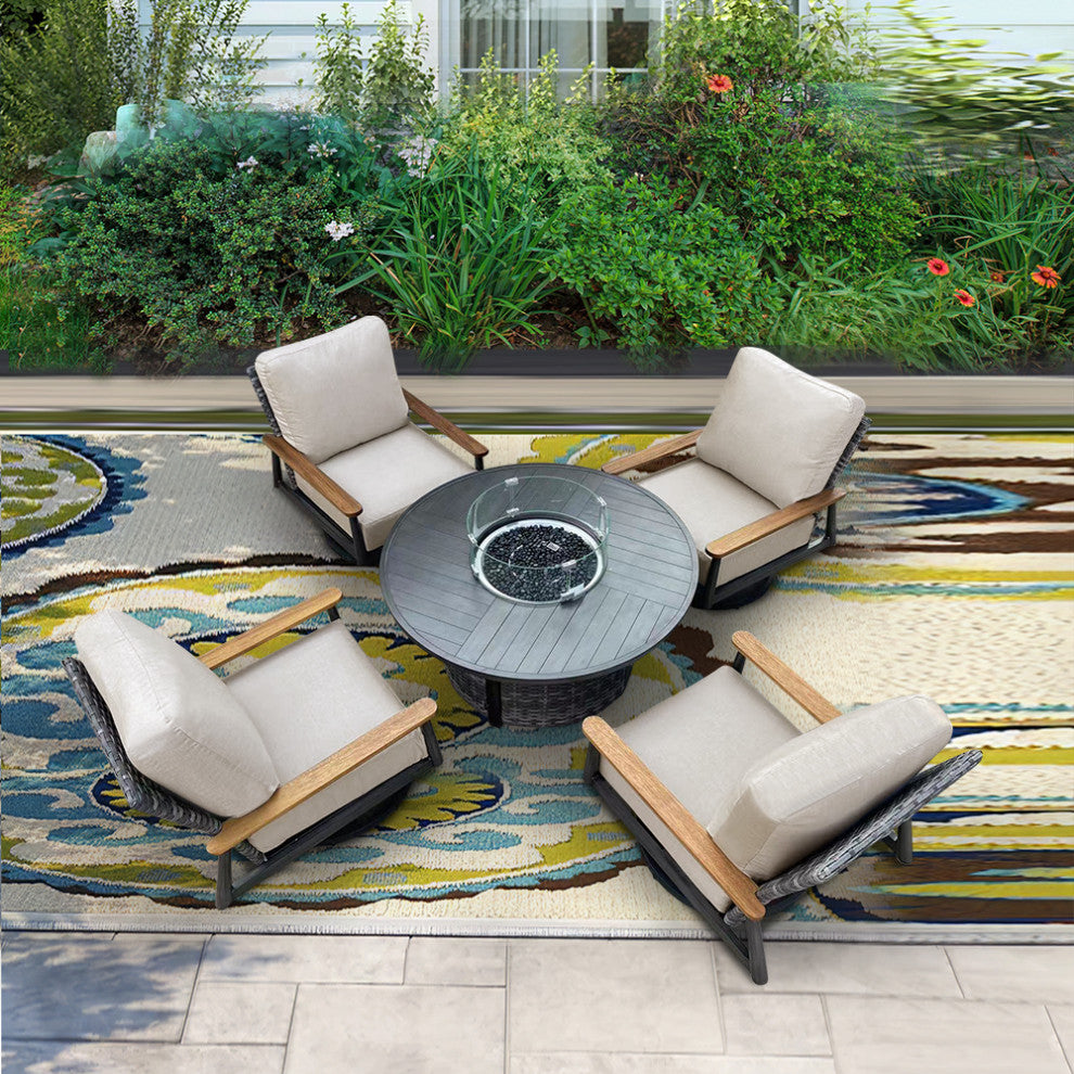 Manbo 5-Piece Aluminum Wicker Outdoor Fire Pit Deep Seating Set with Cushions, Cast Ash Acrylic