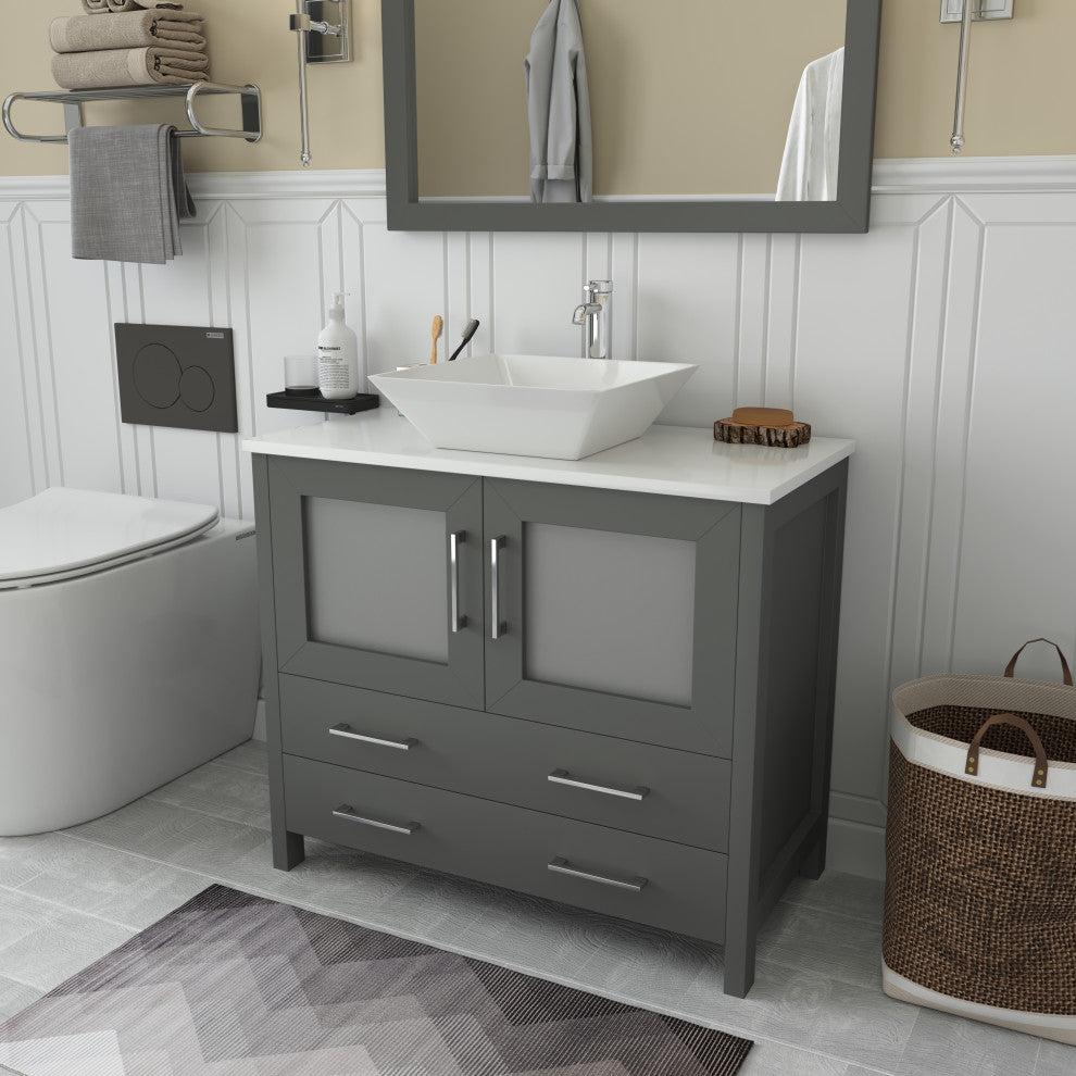 Vanity Art Vanity Set With Vessel Sink, Gray, 36", Led Sensor-Switch Mirror