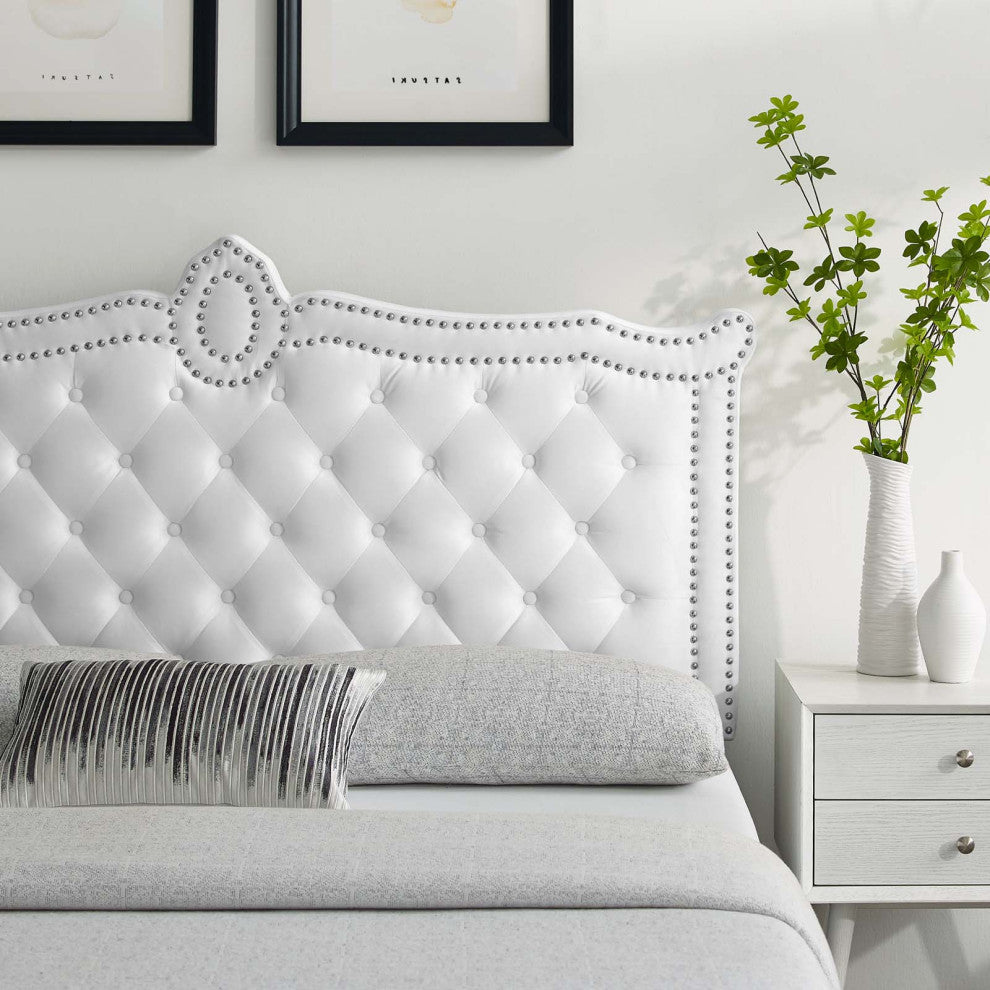 Tufted Headboard, Nailhead, Twin Size, White, Velvet, Modern, Guest Suite