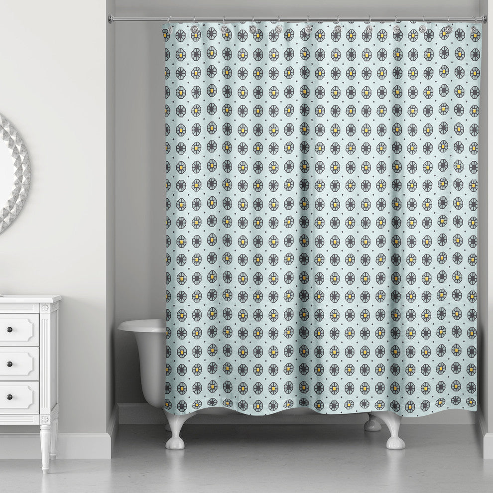Pixel Floral Pattern in Blue Shower Curtain