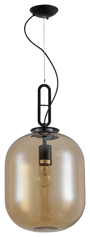 Glass Single Pendant Light With Matte Black Frame, Cognac