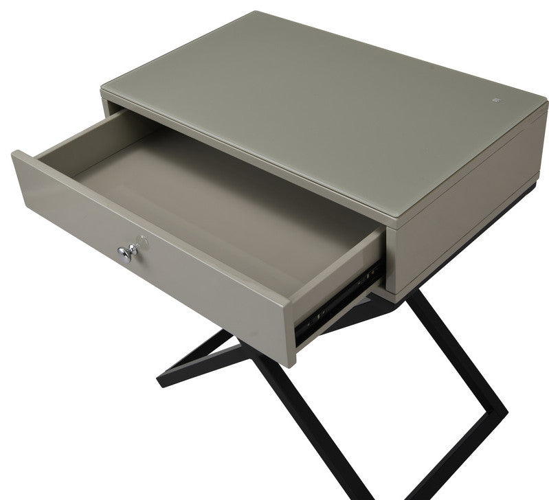 Koda Wooden Side Table Nightstand, Glass Top, Drawer & Metal Base, Taupe