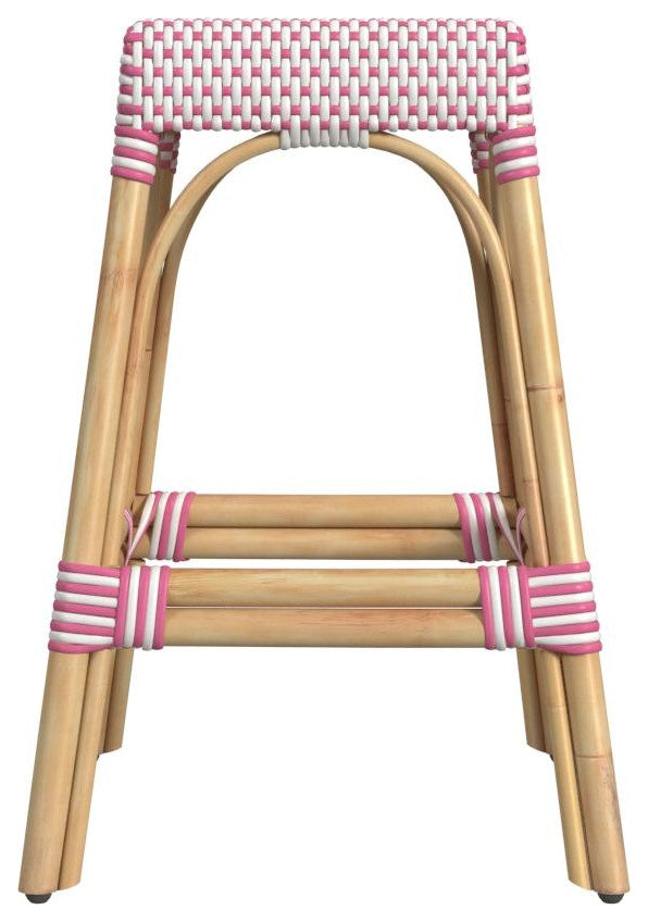 Robias Rectangular Rattan 24.5" Counter Stool, White and Pink