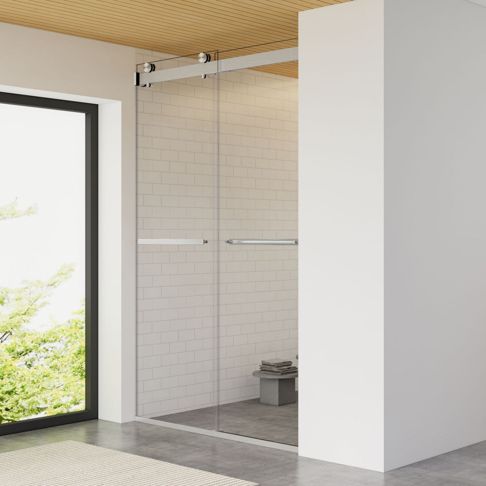 Marcelo By Pass Frameless Shower Door, Clear Glass, Brushed Nickel, 48"wx76"h